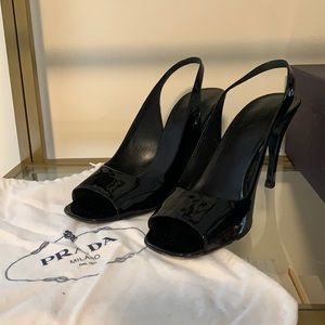 Classic black patent open-toe, slingback heels Prada excellent condition